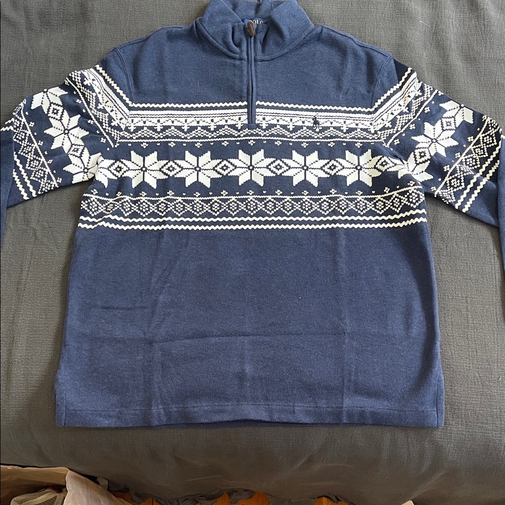 Ralph Lauren Men's Blue and White Zip-Up Sweater